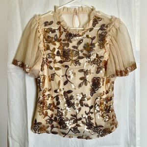 Cream Sheer Sequin Floral Blouse with Ruffle Sleeves